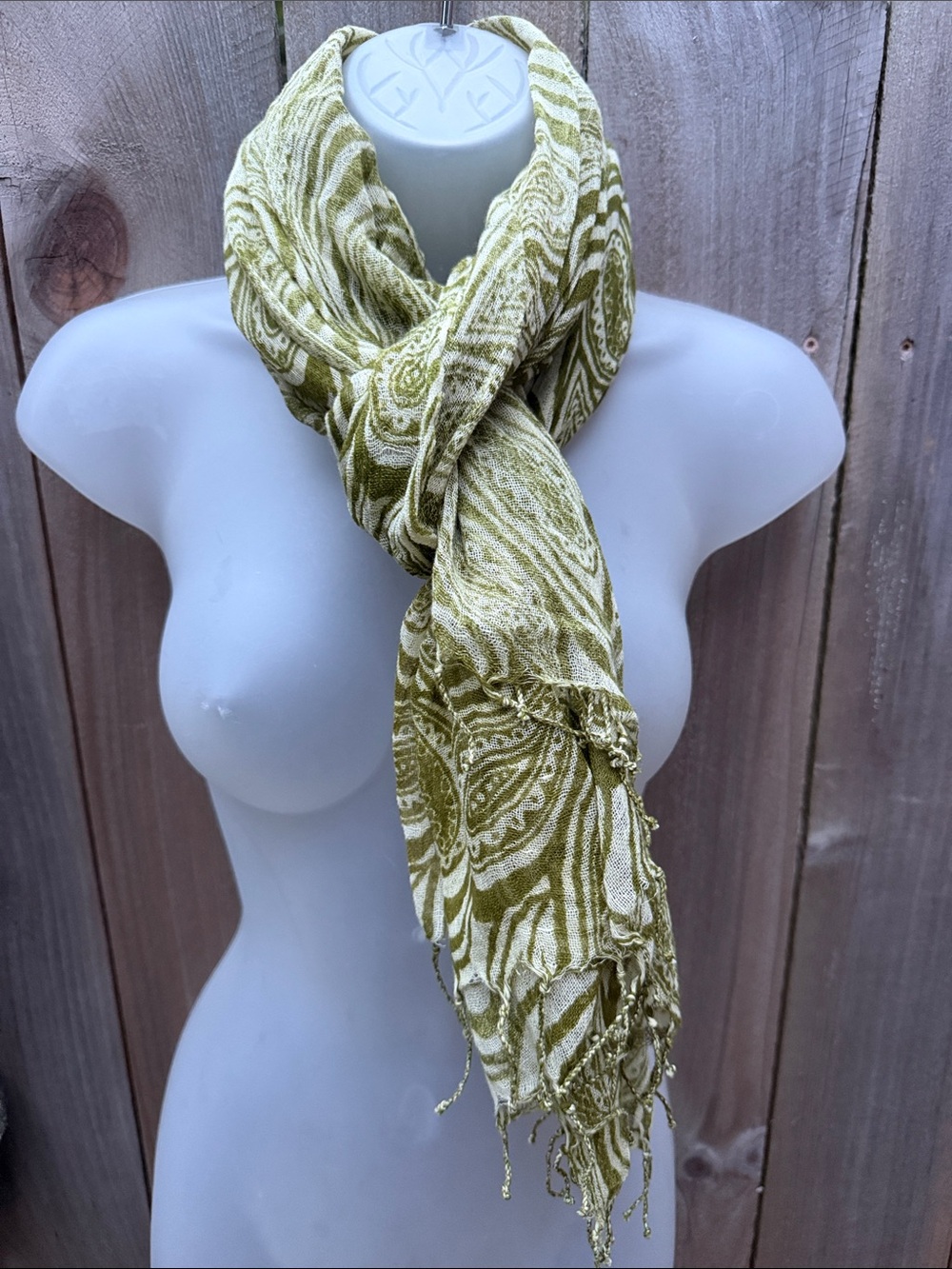 Vintage Olive Green Paisley Swirl Fringe Scarf Wrap